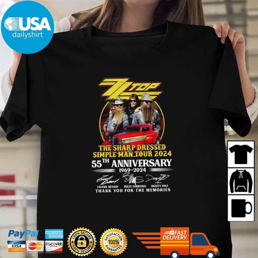Original Zz Top The Sharp Dressed Simple Man Tour 2024 55Th Anniversary 1969-2024 Thank You For The Memories Signatures Shirt